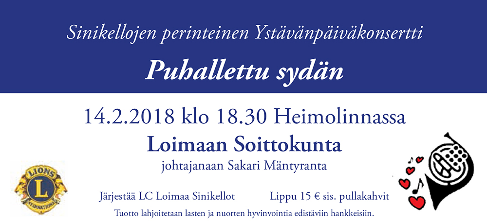 Ystävänpäiväkonsertti Puhallettu sydän 14.2.2018 Heimolinnassa klo 18.30