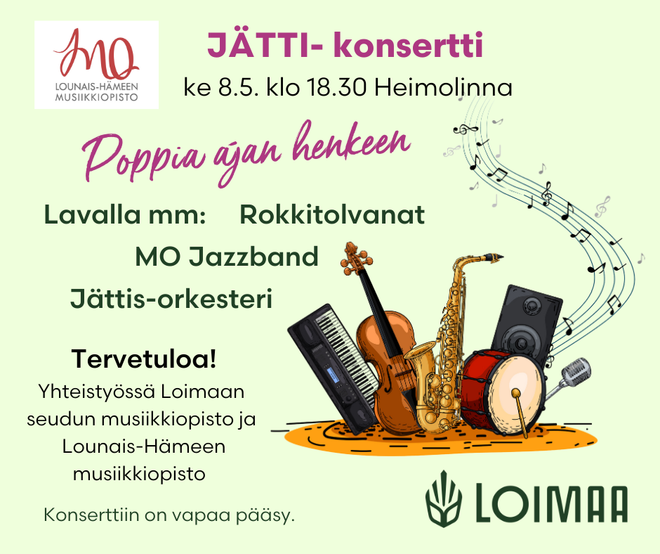 Musiikkiopiston JÄTTI- konsertti 8.5. Heimolinnassa klo 18.30
